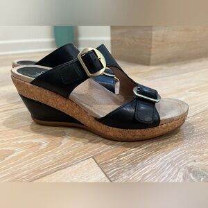 Dansko Black Leather Cork Wedge Sandals with Gold Buckles 38